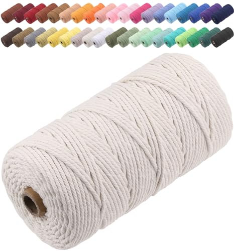 GOHOF Macrame Cord 3mm x 150m Premium Cotton Macrame Rope, 4 Strand Twisted Soft Cotton Cord, One of The Most Perfect Materials for Macrame Art, Cotton String Without Chemicals (Beige)
