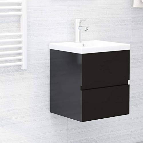 RAUGAJ Wohnmöbel Waschbeckenunterschrank mit Einbauwaschbecken Hochglanz schwarz Holzoptik