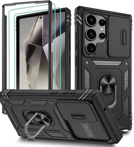Pilaru 3 in 1 for Samsung S24 Ultra Case |With Front Frame| 2 Screen Protector[Separate] & Kickstand Ring & Camera Cover Military Grade Drop Shockproof Protection for Galaxy S24 Ultra,Black