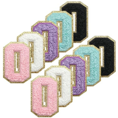WILDREEDS 10Pcs Self Adhesive Iron on Number Patches, Chenille With Gold Glitters Border, Embroidered Patch for Clothing, 0 (White, Black, Pink, Purple, Blue)
