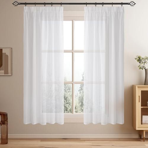 Softalker Vorhänge mit Kräuselband Gardinen Kurz Weiß Stores Vorhang Transparent 140x145 cm (BxH) Gardine Schal 2er Set für Schienen Schlafzimmer Küche Fenster Vorhang Curtains & Drapes