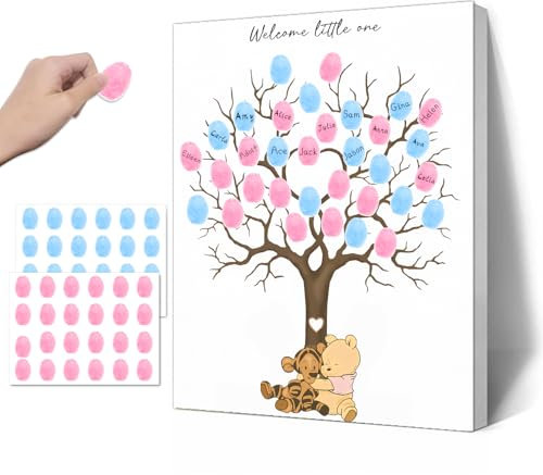 Guawubiang Winnie Gender Reveal Fingerabdruck-Baum, Winnie Gender Reveal Decor Gästebuch, Gender Reveal Party Ideen, Babyparty Dekoration für werdende Mütter