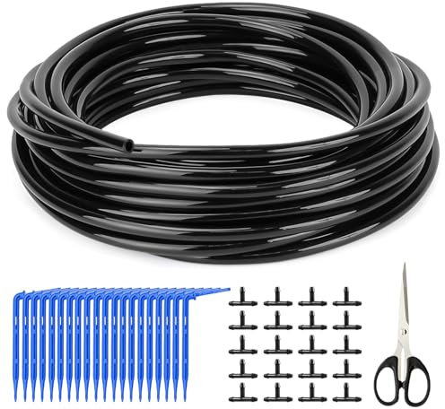Sistema de Riego Jardín 30M Manguera Riego Sistema de Riego por Goteo Kit Riego con 20 Goteros y 20 Flat Tees para Jardin Invernadero Césped Patio Terraza