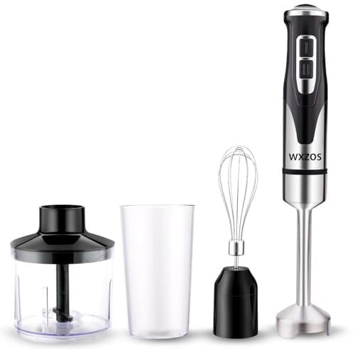 WXZOS Mixeur plongeant 2000 W 4 en 1 en acier inoxydable incurvé à 4 lames, grand bouton de commande avec 2 vitesses et mode turbo, hachoir, tasse de 500 ml, fouet, tasse de 600 ml pour purées