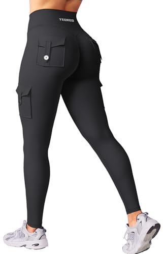 YEOREO Sport Leggings Damen Mit Taschen Invisible Scrunch Butt Gym Leggings High Waist Boom Booty Seamless Push Up Blickdicht Yoga Sport Leggings Schwarz L