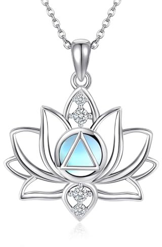 DAYLINLOVE Lotus Moonstone Necklace S925 Sterling Silver AA Sobriety Gifts Alcoholics Anonymous Necklace Moonstone Jewelry For Women Lotus Lovers