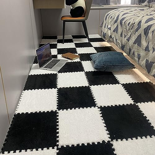 KJoBDwz interlocking carpet Foam Jigsaw Foam Mat, Plush Interlocking Rug Tiles, 10 Pieces, Washable Mats, Non-Slip Jigsaw Rugs climbing mat(Black+white)