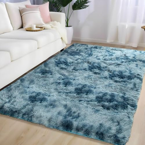 AIMECO Hochflor Teppich Wohnzimmer Carpet 200X300cm Anti-Rutsch Extra Große Teppiche Schlafzimmer flauschig Teppiche Matte Teppichen Mädchen Schlafzimmer und Kinderzimmer.Tie-dye Dunkelblau