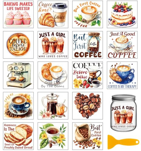 GLOBLELAND 18 Blatt Kaffee Kuchen Rub On Sticker Brot 3.9x3.6 Zoll Transferaufkleber Rub On Folie Aufkleber Aesthetic Für Möbel Glas Holz Fotoalbum DIY Aufkleberästhetik