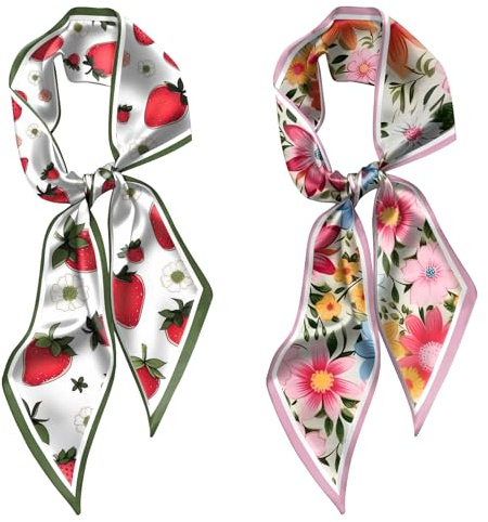 BHAHB 2 Stück Bandana Damen,Lange Kopftuch Damen(150x17cm) Haartuch Seide,als Kopftuch,Halstuch,Handtaschen-Dekoration,Mode Niedlich Design für Frauen Mädchen