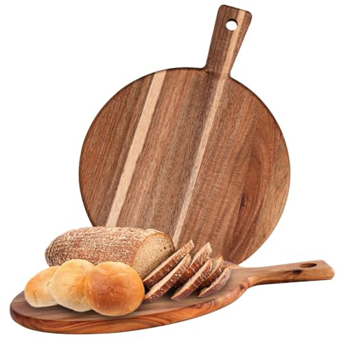 2 piatti per pizza, in legno, diametro 30 cm, rotondi, in legno di acacia, con manico a casa, piastra per pizza per pizza, focacia o pane (legno di acacacia)