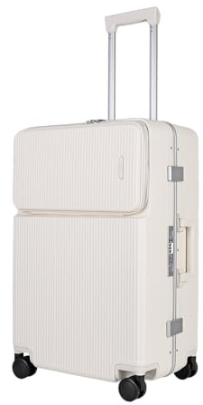 JLY Covestro Polycarbonate Medium Suitcase – Front Lid Hard Shell Check in Luggage with Cup Holder, Bag Hook, Spinner Wheels, Dual TSA Locks & Aluminium Handle – Warm White