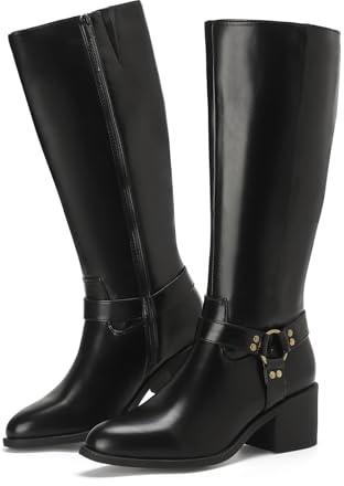 Putu Bottes Femme Mollet Large Plateau Talon Bloc Zip 36-41 | Bottes hautes en similicuir avec mollet large, zip latéral, talon bloc et boucle pour le quotidien