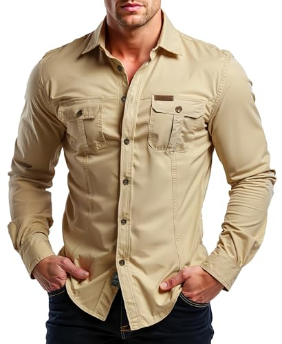 Misfuso Chemises Homme Manches Longues Randonnée Cowboy Extérieur Kaki L