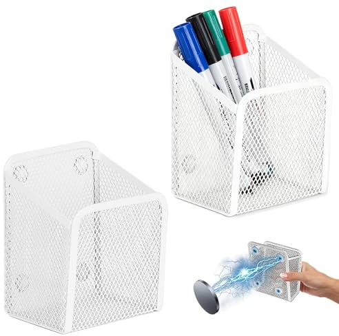 EUREKORA Magnetisch Aufbewahrungskorb Metal White Magnetischer Stifthalter Büromaterial Netz Stifthalter für Schule Büro Whiteboard Kühlschrank Schließfach (Weiß)