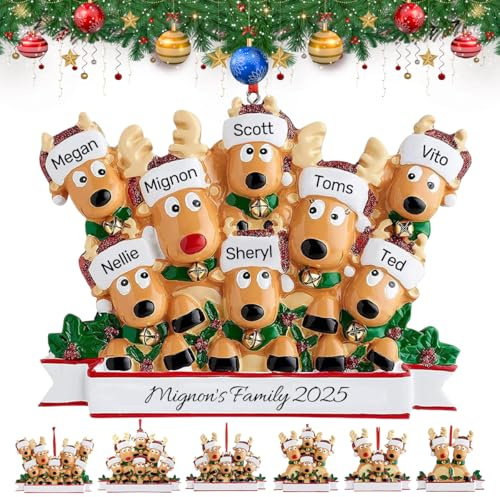 Personalisierte Familien-Weihnachtsschmuck - Personalisierter Weihnachtsanhänger mit 2/3/4/5/6/7/8 Familiennamen, Rentier-Weihnachtsschmuck-Anhänger, Weihnachtsanhänger für Freunde Familie