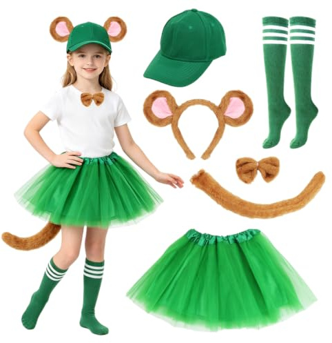 Chipmunks Kostüm Kinder, Streifenhörnchen Kostüm, Tüllrock mit Chipmunk Ohren Stirnband, Schwanz, Strümpfen, Fliege, Cap und Runder Brille, Tierkostüm für Kinder Mädchen Halloween, Karneval Cosplay