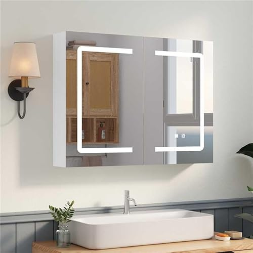AVAWING Anti-Beschlag Bad Spiegelschrank LED 60x80x13,5cm,Doppeltür,3 Farbtemperaturen, Dimmbar, USB-Steckdose, Spiegelschrank Bad mit Beleuchtung mit höhenverstellbaren Regale