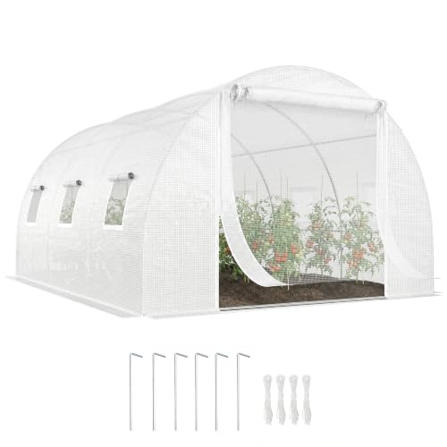 Outsunny Serra da Giardino a Tunnel 4x3x2 m con Porte e 6 Finestre Bianco | Porte Avvolgibili, Serra per Orto, 2 Rinforzi Diagonali, Struttura in Acciaio, Copertura PE, per Orto Verdure Fiori Frutta