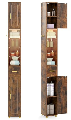 COSTWAY Meuble Colonne Salle de Bain avec LED, Meuble de Rangement Haut avec 3 Étagères en Verre Trempé Réglables, Armoire Salle de Bain Etroit pour Salon, Cuisine, 20 x 20 x 181 cm (Marron Rustique)