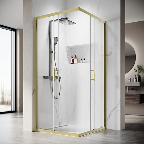 SONNI Eckeinstieg Duschkabine 90x90x195 cm, Schiebetür, 5mm ESG, Gold | 5mm ESG Sicherheitsglas mit leichtlaufender Schiebetür und platzsparendem Eckdesign für komfortable Nutzung,einfache Montage.