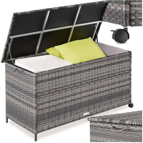 tectake® Auflagenbox 253 l, 116 x 54 x 64 cm, 2 drehbare Rollen mit Feststellbremse, Polyrattan mit Aluminiumrahmen, Gartenmöbel, Outdoor Lagerung, Staubschutzbox, Schutzbox, wetterfest - grau