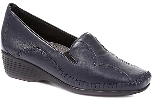 Pavers Ladies Leather Slip On Shoes in Navy - Perfect for Casual Daywear - Attractive Stitch Detail - Low Heel - Day to Day Comfort - UK 7 / EU 40