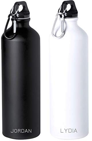 eBuyGB Personalised 800ml Stainless Steel Reusable BPA Free Matt Water Bottle with Carabiner Clip - Custom Name Engraved - Use for School, Gym, Outdoor, Yoga & Sports (Black)