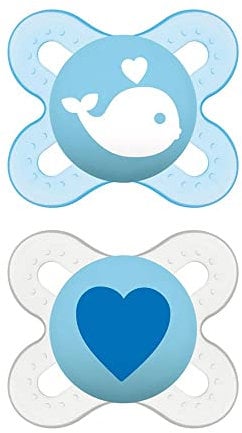 MAM Original Start Succhietto 0-2 Mesi (Set da 2), Ciuccio MAM 0-2 mesi con tettarella ortodontica in silicone, Kit da 2 accessori neonato con porta ciuccio sterilizzatore, Azzurro/Neutro