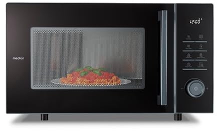 MEDION Mikrowelle mit Grill und Heißluft, Airfryer & Heißluftfritteuse, 25 Liter, 900 W Mikrowellenleistung, Backofenfunktion, inkl. Air fryer Zubehör - Grillrack & Backteller - MD12231 dunkel grau