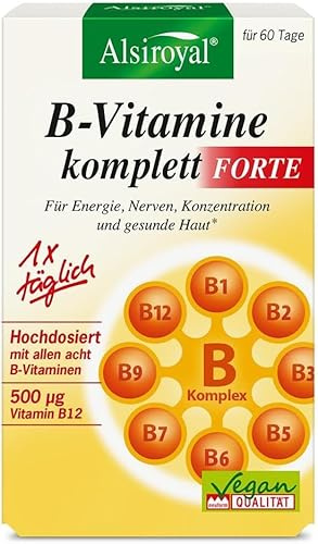 Alsiroyal B-Vitamine komplett FORTE - Hochdosiertes Vitamin B (60 Kapseln) für Energie, Nerven, Konzentration & gesunde Haut - mit allen 8 B-Vitaminen - Vitamin B Komplex - vegan