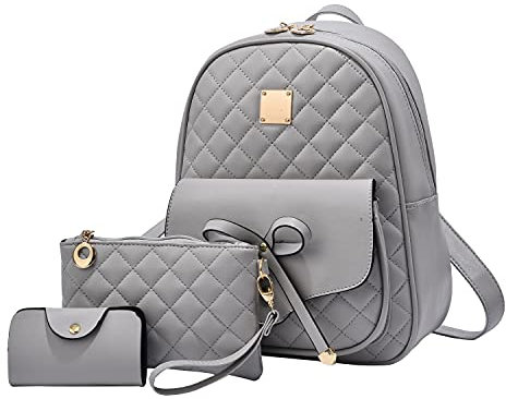 EVEOUT Damen Rucksack PU Leder Lässiger Tagesrucksack zum Reisen Schule Arbeit Schultertasche Rucksack Set(Stil 2 Grau)
