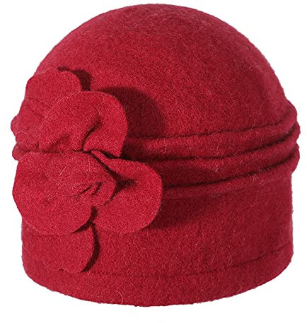 ZLYC Damen Winter Wolle Fischerhüte Blumen 1920s Vintage Bowler Hut (Blume Rot),Gr.Einheitsgröße