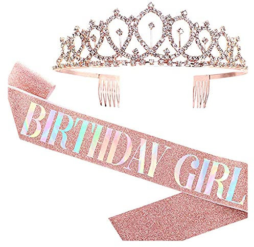 ZHOUHON Geburtstagskrone Geburtstags SchäRpe Prinzessin Krone Glitzer Rose Gold Geburtstag Mädchen Schärpe & Strass Tiara Kit für Geburtstag Geschenk Party Zubehör und Dekorationen (Rosa)
