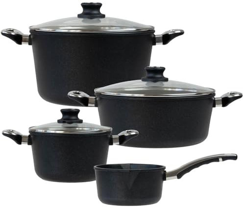 BAF Kochtopf Set 7-tlg. Kochtopf 20 cm + 28 cm, Gemüsetopf 28 cm & Stieltopf 18 cm - Topfset Aluguss beschichtet - ohne Induktion - Made in Germany