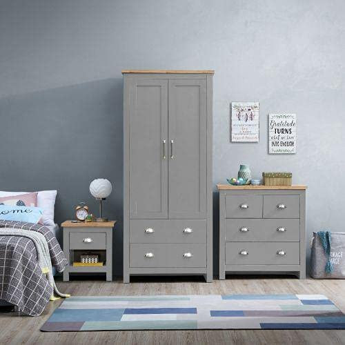Timber Art Design UK 3 Piece Set 2 Door Wardrobe, 4 Drawer Chest 1 Draw Bedside Light Grey