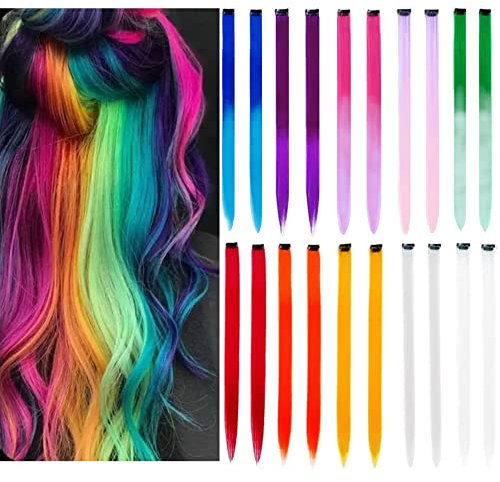 Vebetter Farbiger Haarverlängerung Clips, 20PCS Bunt Haarverlängerungs Clip Regenbogen Farbe Gerade Synthetisch Haarteil Party Highlights Bunte Clip in Haarverlängerungen für Frauen, Mädchen, Kinder.