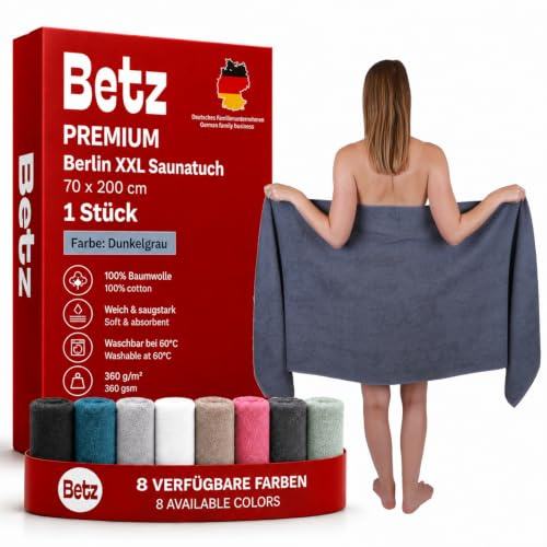 Betz 1 Stück Saunatuch 100% Baumwolle dunkelgrau 70x200 cm Berlin XXL Saunatücher Sauna Handtuch Weich Groß Frottee Badetuch Farbe dunkelgrau