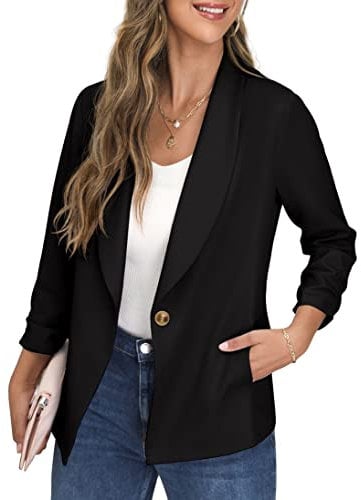 GRECERELLE Womens Blazer Suit Open Front Cardigan Ruched Sleeve Work Office Blazer Jacket with Buttons Pockets (Black, 14)