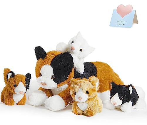 Houwsbaby 5-teiliges Katzen-Plüschtier-Set mit Kätzchen, Mama-Katze mit 4 Plüschkätzchen, Katze mit Babys im Inneren, Kätzchen-Überraschung, Eltern-Kind-Plüschtiere, Geschenke für Kinder, Mädchen,