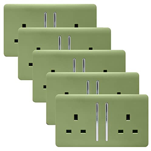 Trendi 2 Gang Artistic Modern Glossy 13 Amp Switched Tactile Plug Socket Moss Green (5 Pack)