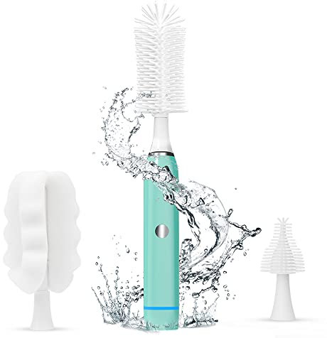 Efficient Electric Bottle Brush with 2 Silicone and 1 Sponge Brush Heads,2-Speed Power,Waterproof Charging,IP65 Water Resistance-Perfect for Cleaning Bottles,Cups (Cleaning Set (3 Brush Heads))