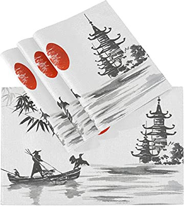 Japanischer Fluss Boot Turm Baum Tischsets Set von 4 Hitzebeständige Esstischmatte Waschbar Tisch Platzset für Küche Hotel Dekoration 45,7 x 30,5 cm