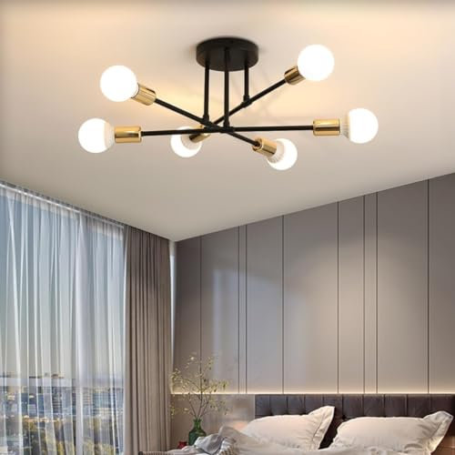 Modern Chandelier Light, 6 Lights Industrial Semi Flush Mount Ceiling Lamp, Chandelier Lighting for Living Room Bedroom Kitchen Dining Room Hallway E27 (Black with Gold)