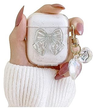 Ownest Kompatibel mit Airpods 2 Hülle und Airpods 1 Hülle Flash TPU Cute Aesthetic Kristall Bogen Design mit Herz Schlüsselanhänger Zubehör für Mädchen - Glitter