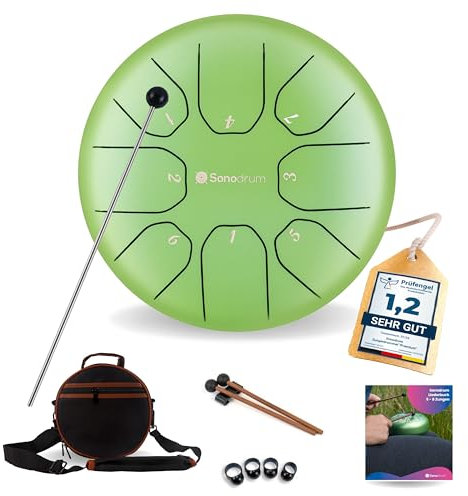 Sonodrum Zungentrommel Standard C - Dur in Grün - 20 cm klein mit 8 Tönen - Steel Tongue Drum inkl. Liederbuch, Schlägel, Fingersticks und Tragetasche - Notenlesen nicht nötig, einfach zu spielen.
