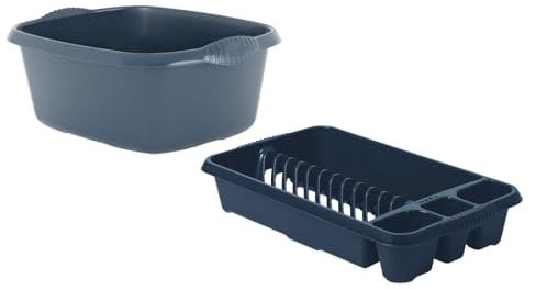 FotoStation Set of 2 - High Grade Plastic Medium Dish Drainer with 39cm Rectangular Washing Up Bowl (12L Litre) Kitchen Storage Organiser (Navy)