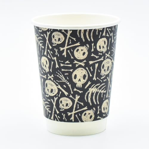 Skull & Bones Halloween 12oz Insulated Takeaway Cafe Party Disposable Printed Paper Cups (Black, 100)