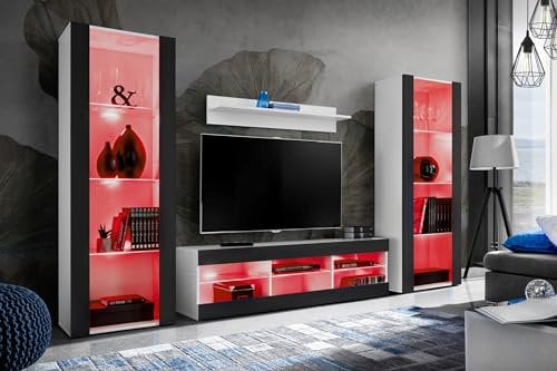 Komodee Wohnwand Wohnzimmerset Tivoli Grande, Schwarz/Weiß, Breite 250cm x Höhe 159cm x Tiefe 35cm, LED RGB, für Wohnzimmer, Schlafzimmer
