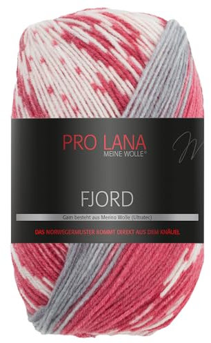 Frida's Wollhaus Pro Lana 100 g Fjord Norweger-Muster Farbverlaufswolle Stricken Garn 14 Farben (83 | Beere-grau-weiß)